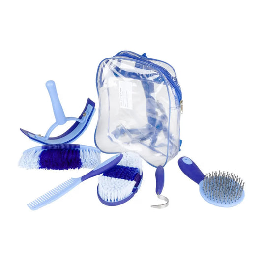 Set of blue grooming tools including brushes and a comb with a clear carrying case on a white background.