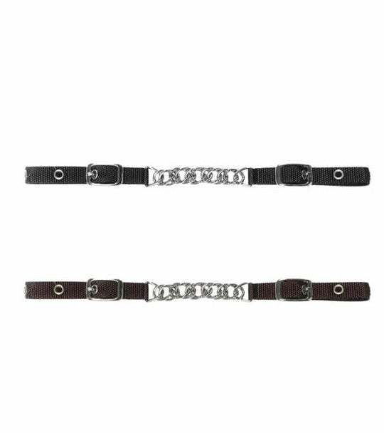 Showing two curb chains with nylon attachment pieces - one black, one brown - on a white background.