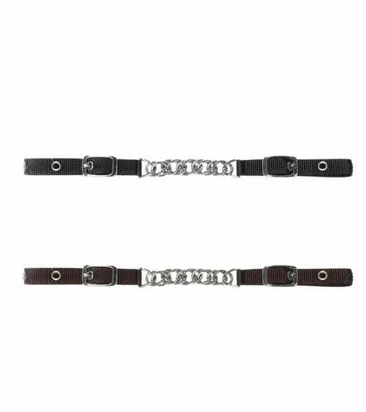 Showing two curb chains with nylon attachment pieces - one black, one brown - on a white background.