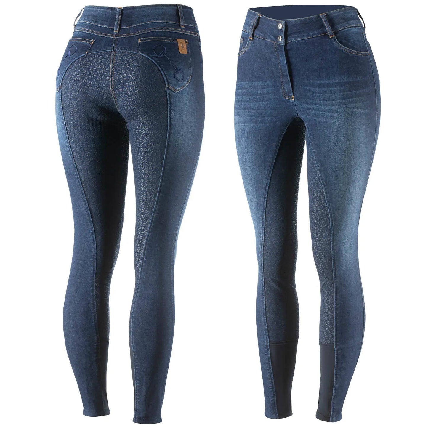 Pair of blue denim riding pants shown from front and back on a white background