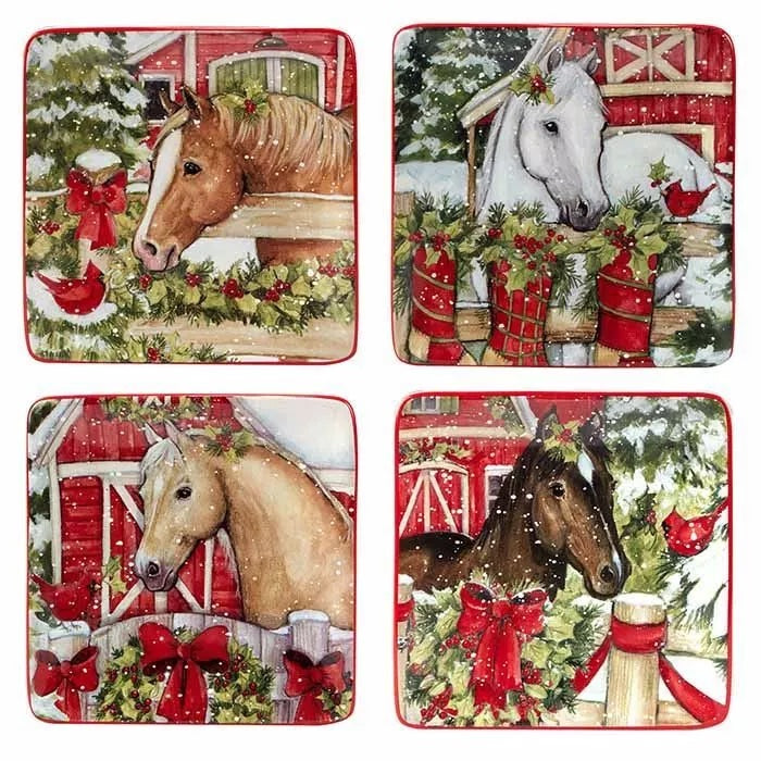 Four square plates each with a different horse in a snowy barn Christmasy look