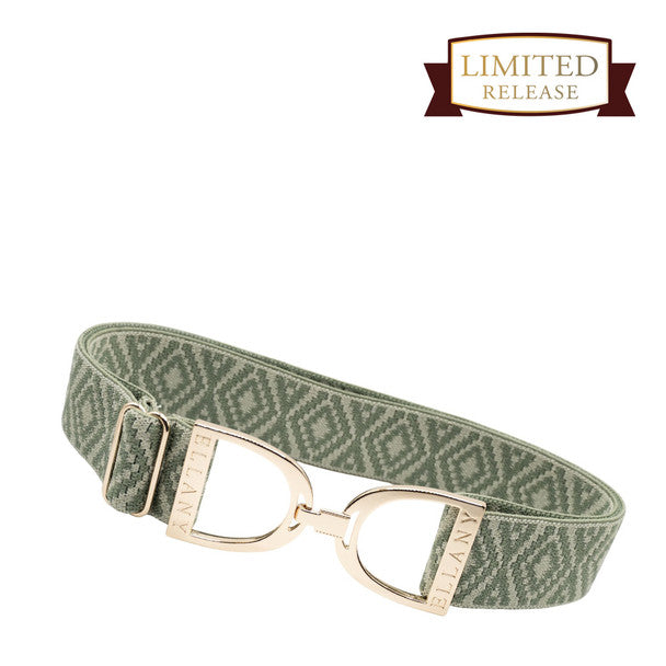 Green patterned Ellany branded adjustable belt with gold stirrup buckle on a white background, featuring a 'Limited Release' banner.