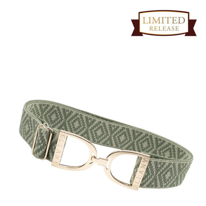 Green patterned Ellany branded adjustable belt with gold stirrup buckle on a white background, featuring a 'Limited Release' banner.