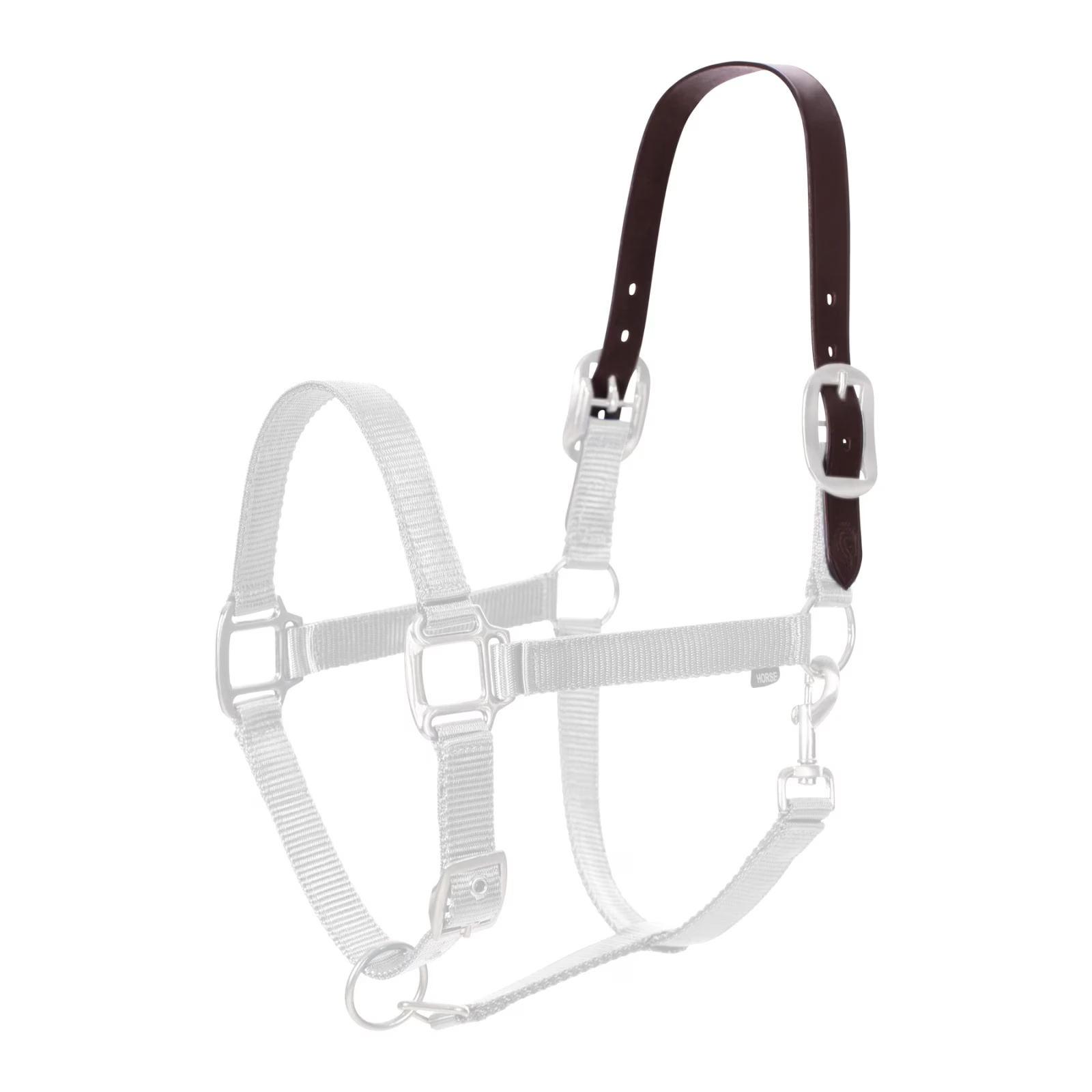Brown leather crown piece shown on a ghosted halter