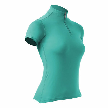 Teal short-sleeve athletic top on a white background