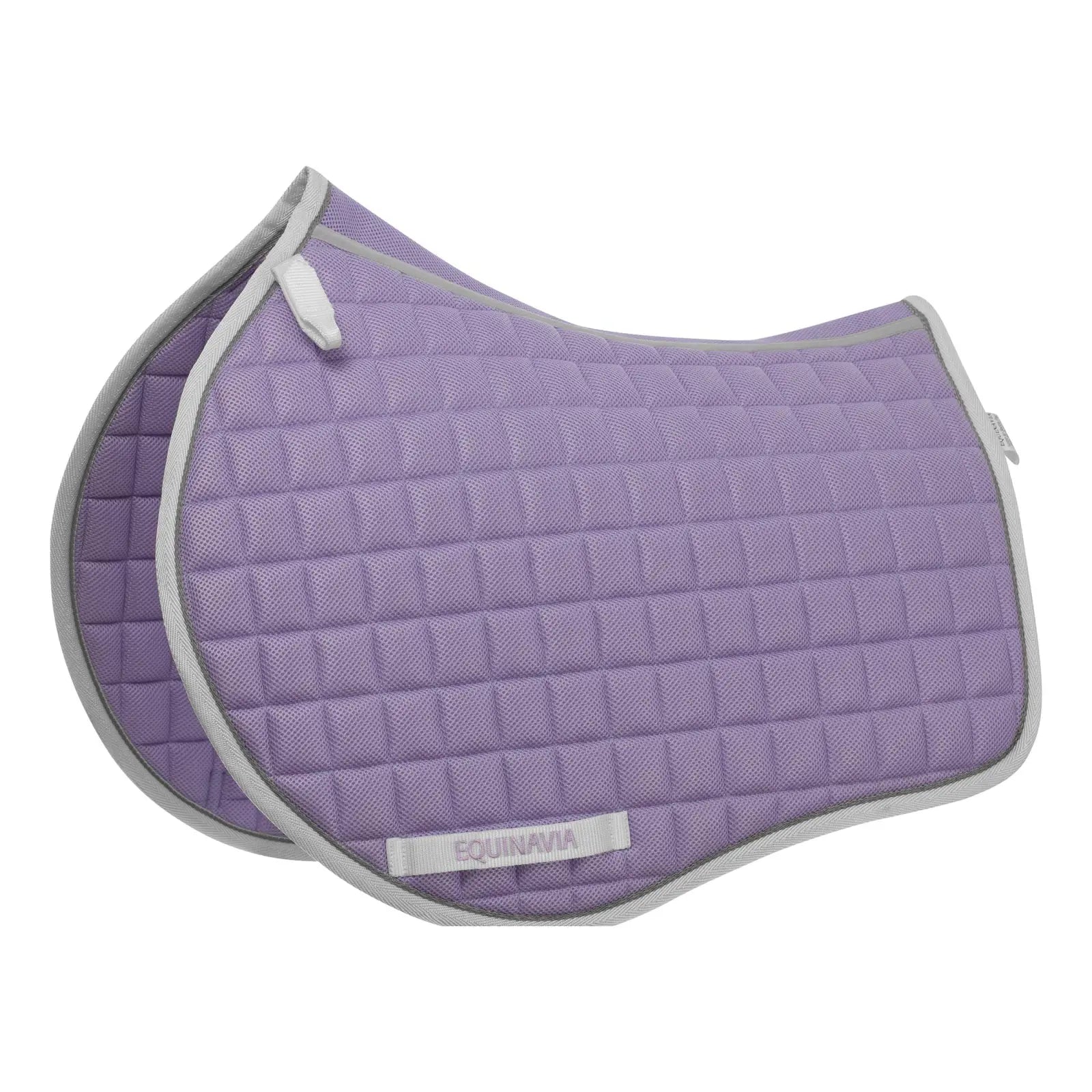 Purple quilted saddle pad with gray border on a white background