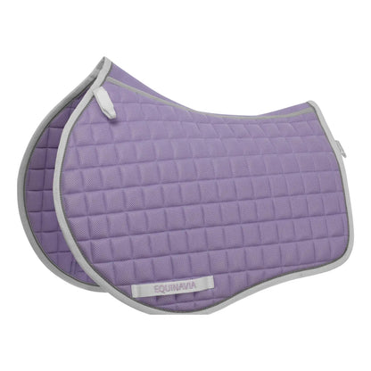 Purple quilted saddle pad with gray border on a white background
