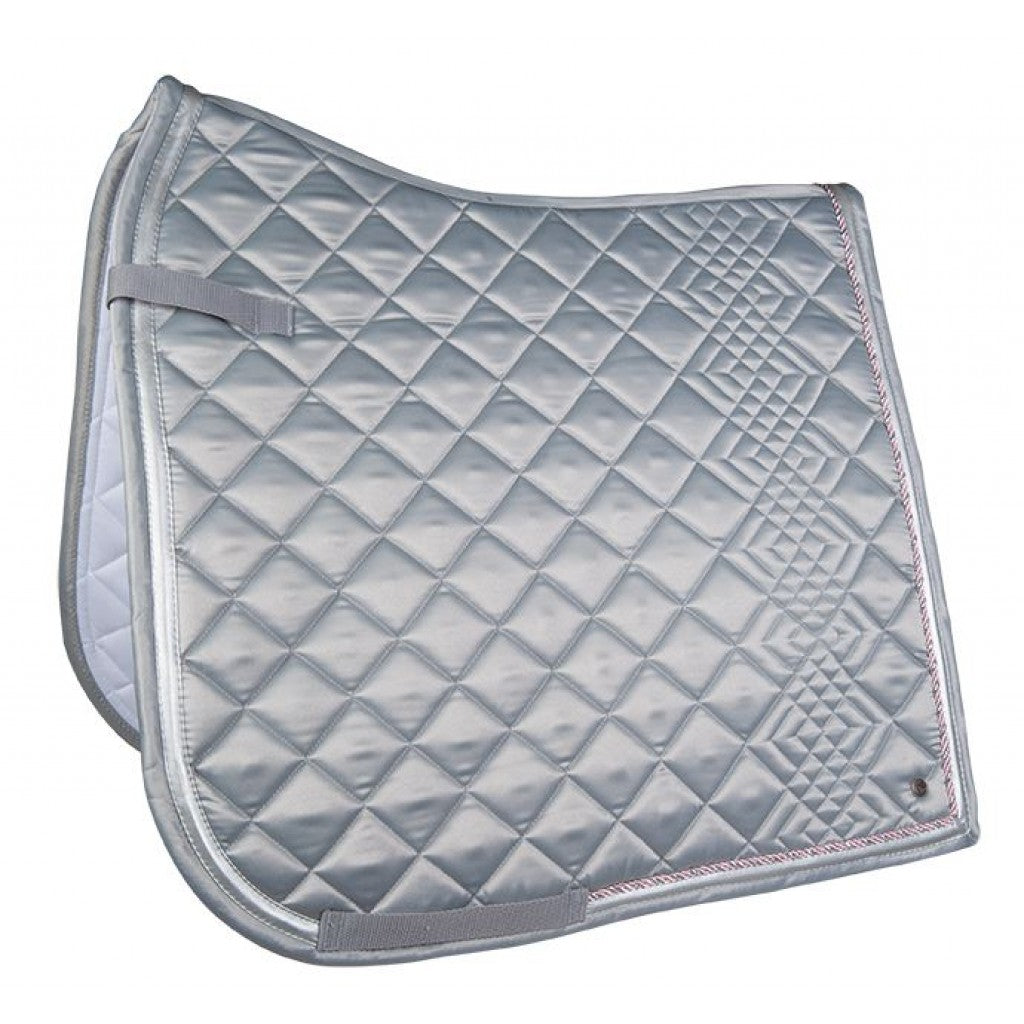 Beautiful dressage equestrian saddle pad. Grey with silver trim with a splash of pink. Intricate quilting pattern.