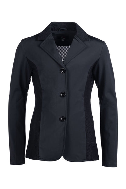 Black equestrian tailored show coat with mesh inserts and hidden zipper behind three color matching buttons.