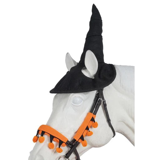 horse wearing orange and black small pom-poms attached to bridle. Also, the horse is wearing a black witches hat