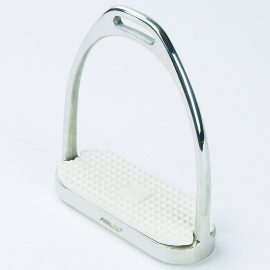 Shiny silver english riding stirrup with white textured foot pad.