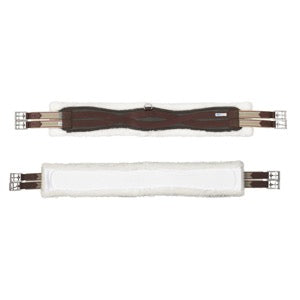 Brown english style equestrian girth. Elastic at both ends.  White synthetic fleece on underside.