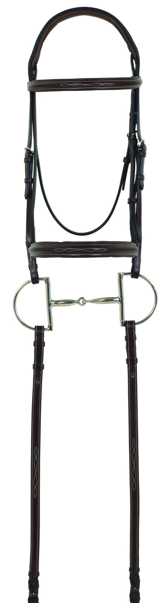 Brown leather english bridle with a D-ring snaffle bit. The bridle has some fancy stitching on the noseband and  broadband.