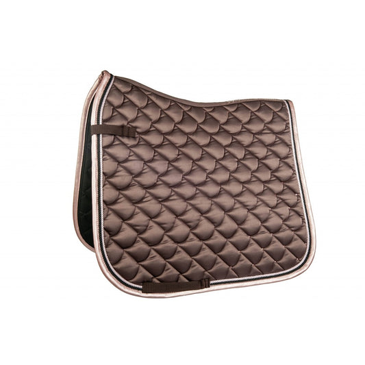 Beautiful mocha colored equestrian saddle pad with light tan trim and a few dots of bling.
