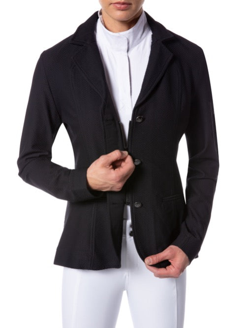 Woman figure modeling an equestrian english style show jacket.