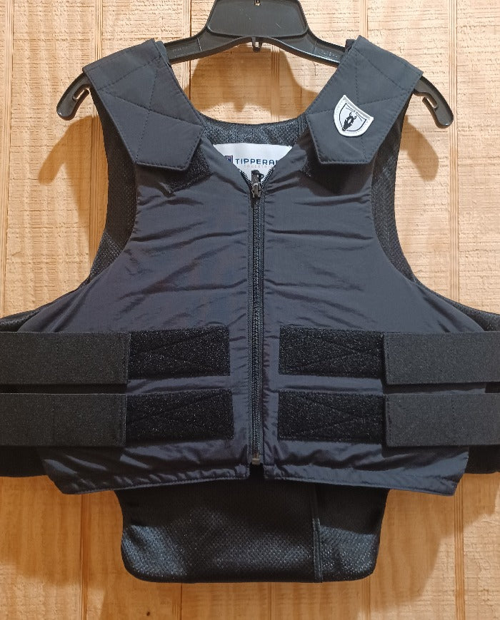 Tipperary safety riding vest. Light weight and breathable. Velcro adjustable closure straps around rib cage and over shoulders. Tailbone coverage
