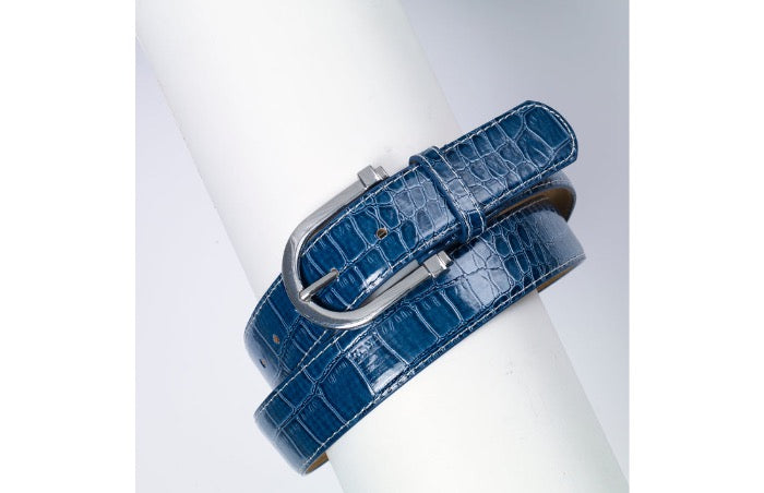 Dutch Blue belt with rounded buckle.  Textured to look like alligator