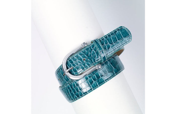 Teal colored belt with rounded buckle.  Textured to look like alligator skin.