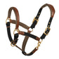 Horse halter with a sporty light brown leather and black nylon combo. Beautiful brass fittings.