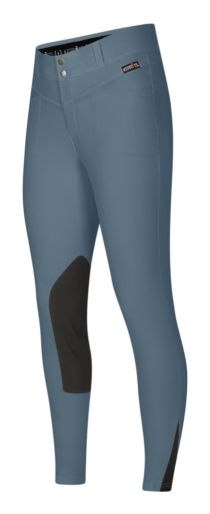 Teal colored equestrian knee patch breeches.