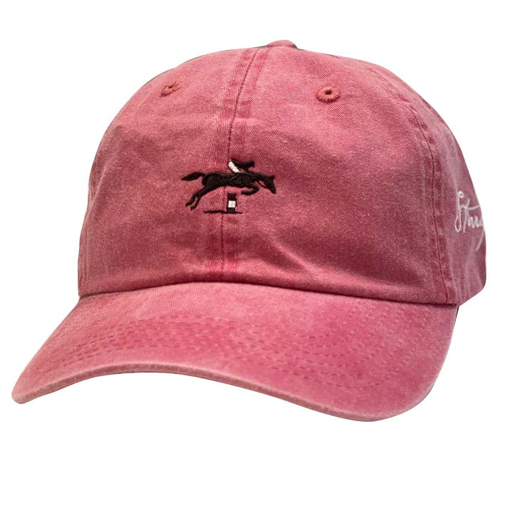 Rose colored baseball style equestrian cap with a jumping horse and rider  embroidered on the front.