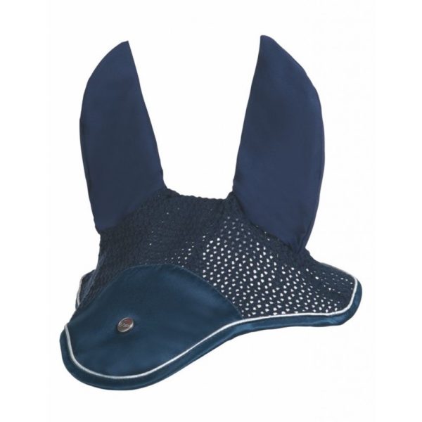 Navy colored equestrian fly bonnet for horse.