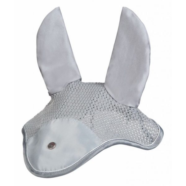 Silver grey colored equestrian fly bonnet for horse.