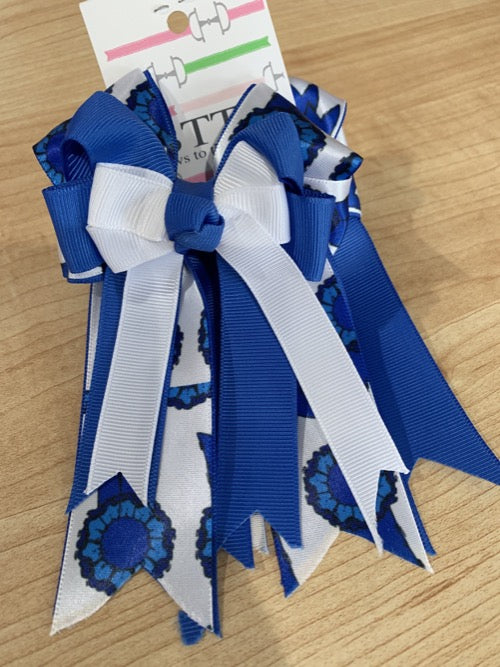 Pretty royal blue and white ribbon equestrian show bows
