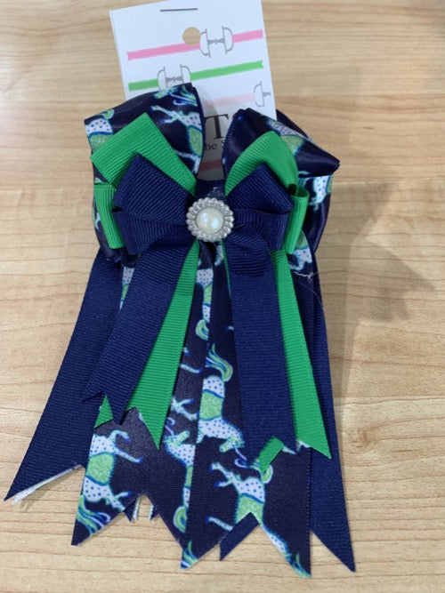 Pretty navy and green ribbon equestrian show bows