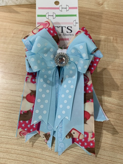 Pretty light blue and tan and red  ribbon equestrian show bows