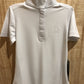 White equestrian short sleeve show shirt with snaps at top.  Cute pattern on inside collar.