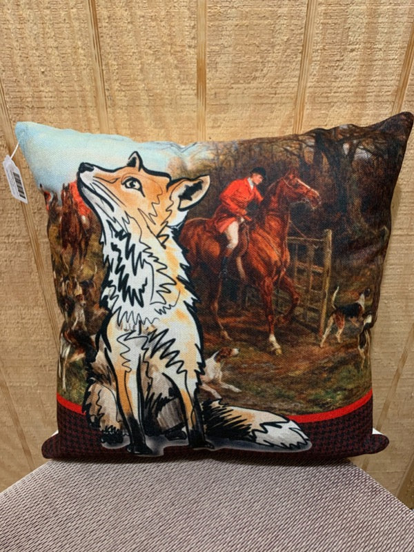 Beautiful pillow with a traditional equestrian hunt scene as the background for a whimsical fox.