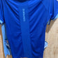 Blue scoop neck short sleeve shirt with light blue trim. Shows Romfh logo