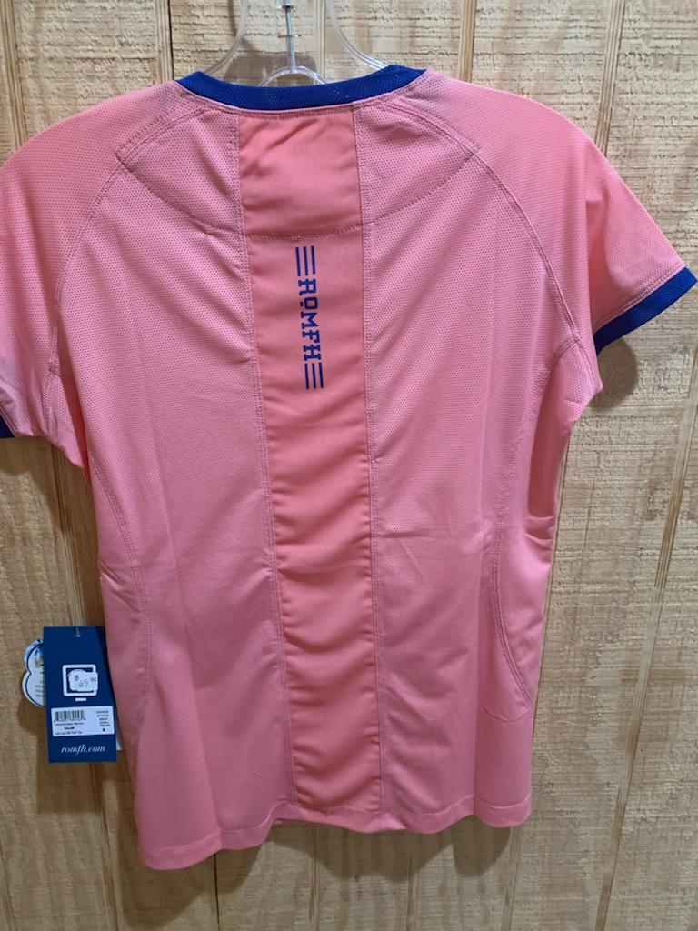 Coral colored scoop neck short sleeve shirt with dark blue trim. Shows Romfh logo