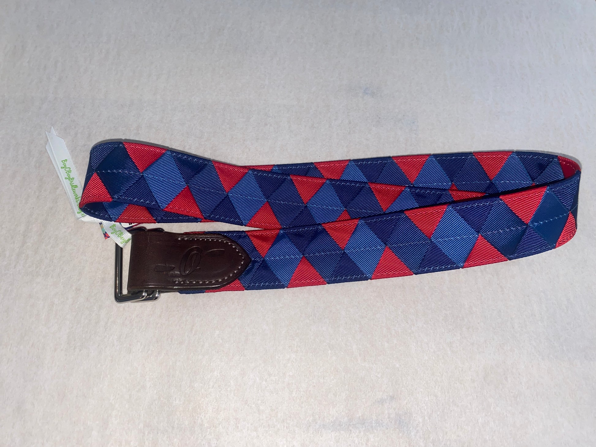 light and dark blue, and red triangles with leather and stainless steel double loop belt buckle 
