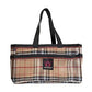 Tan and black plaid horse grooming tote with black carry straps and side pockets