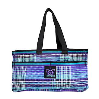 Purple, mint green and black plaid horse grooming tote with black carry straps and side pockets