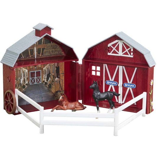 Breyer Friendships Foal Pocket Barn set. The barn has working doors and closes up to hold everything.  The set includes barn, fencing, a black foal and a chestnut foal.