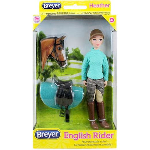 Breyer Model Heather Rider and English tack. Heather is an English rider wearing a turquoise blouse, plaid breeches, and brown boots and helmet.  She is scaled to fit Classic models and comes with her own English saddle, bridle, and saddle pad that matches her top.