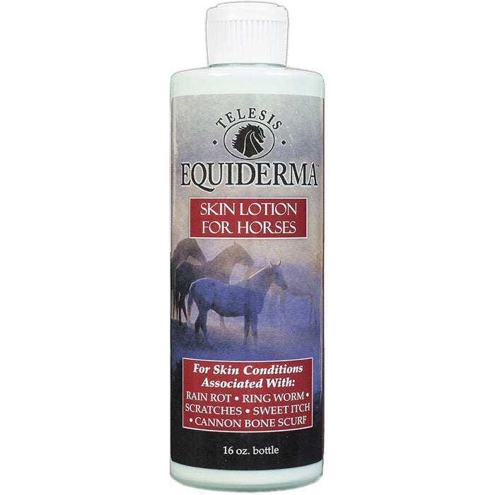 Showing a bottle of Equiderma Skin Lotion for Horses.  16 oz bottle shows horses standing in mist.