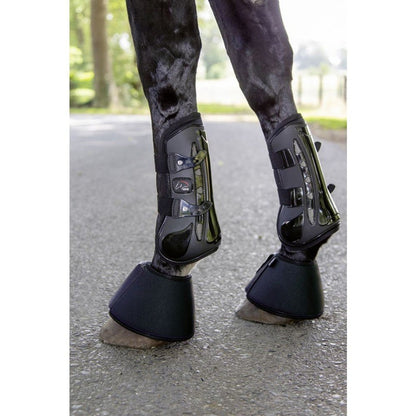 Black equine support boots shown on a horses legs