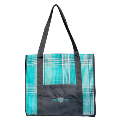 kensington plaid tote bag. teal plaid with black accents