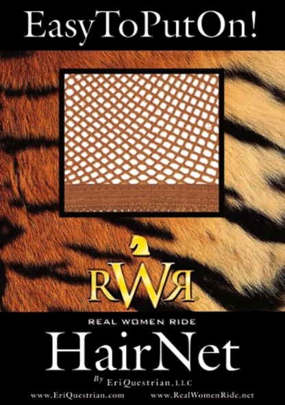 rwr equestrian riding hair net in tiger pattern packaging with a photo showing the auburn color of the hair net