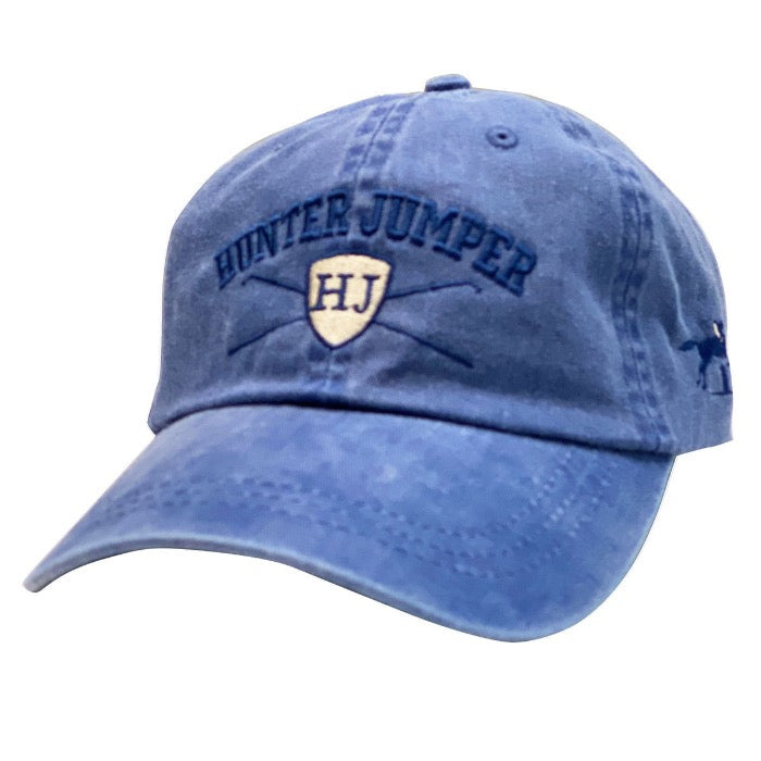 Blue baseball style equestrian cap with "Hunter Jumper" embroidered on the front.