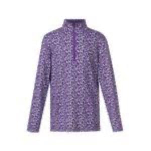 purple and blue patterned long sleeve ice fil equestrian riding shirt with quarter zip