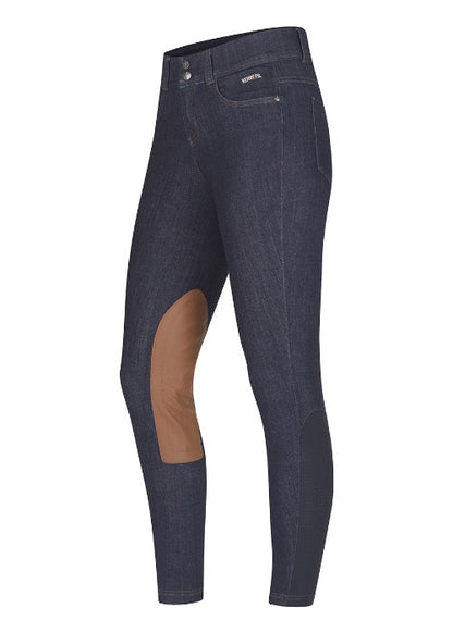 denim breeches with tan knee patch 