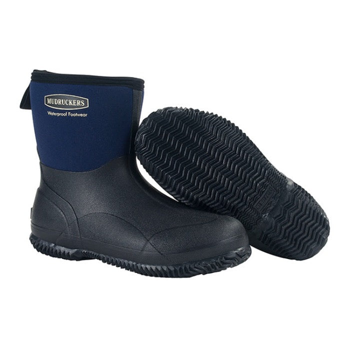 rugged mid to low calf all weather boots with Mudruckers logo.  Navy.