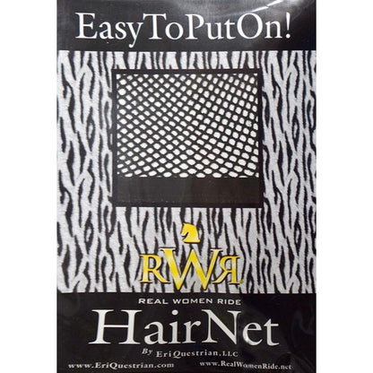 rwr equestrian riding hair net in zebra pattern packaging with a photo showing the black color of the hair net