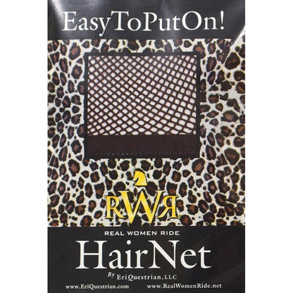 rwr equestrian riding hair net in leopard pattern packaging with a photo showing the dark brown color of the hair net