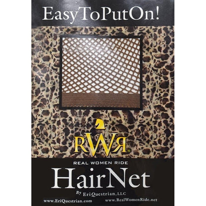 rwr equestrian riding hair net in cheetah pattern packaging with a photo showing the medium brown color of the hair net